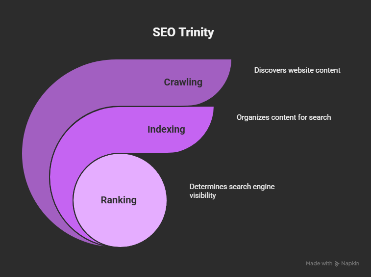 A dark gray background displays a "SEO Trinity" diagram. On the left, three overlapping, curved shapes in shades of purple represent "Crawling," "Indexing," and "Ranking." The outermost, darkest purple shape is labeled "Crawling," and next to it, text reads "Discovers website content." Inside and below "Crawling" is a lighter purple shape labeled "Indexing," with corresponding text "Organizes content for search.
